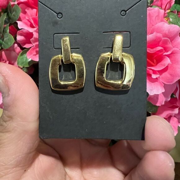 Signed Anne Klein AK Shiny Small Swinging HingedGold Box Dangle Earrings - Picture 2 of 3